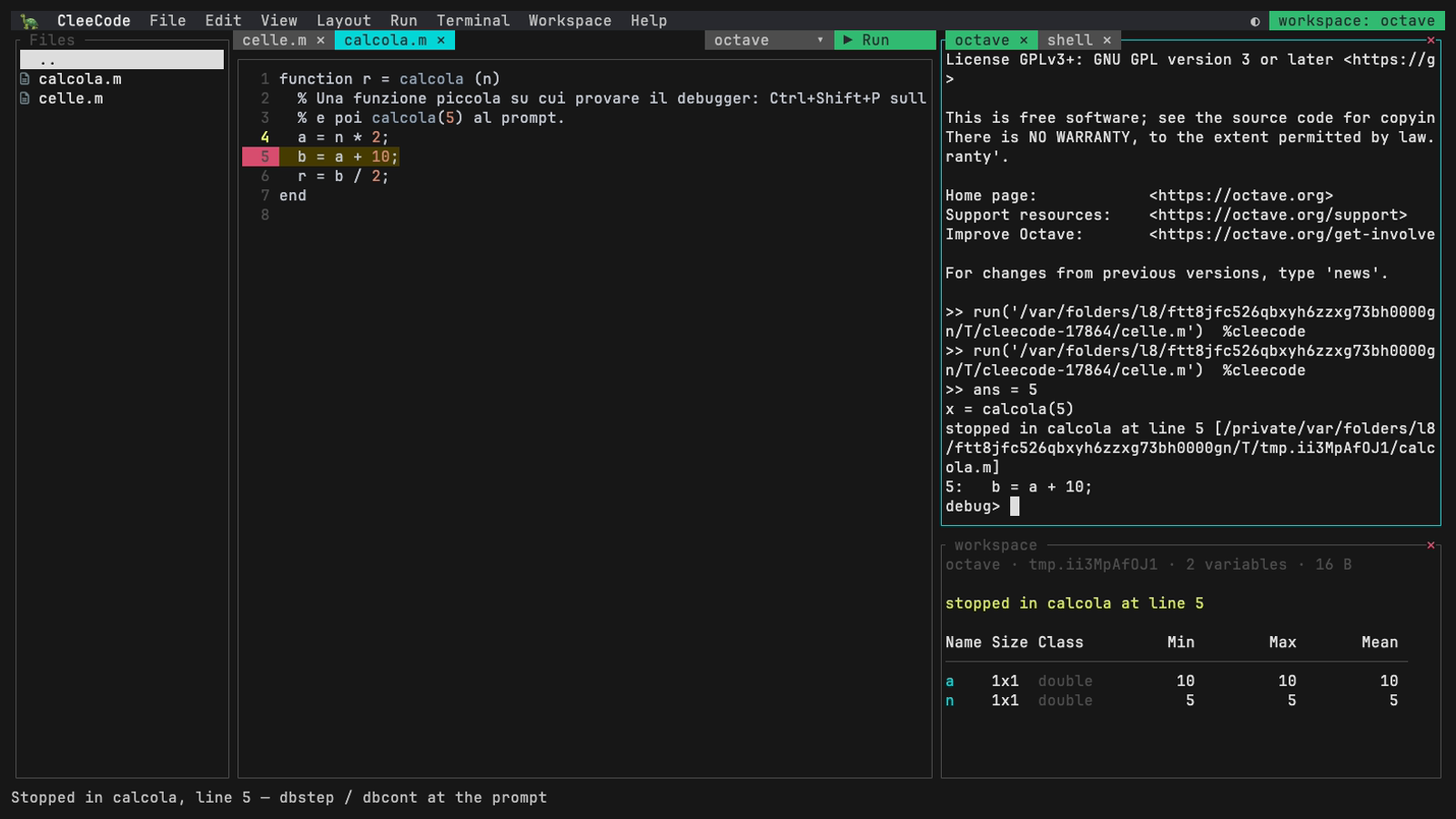 CleeCode stopped at a breakpoint: the line is marked in the editor and a panel beside it lists the stack frame's own variables