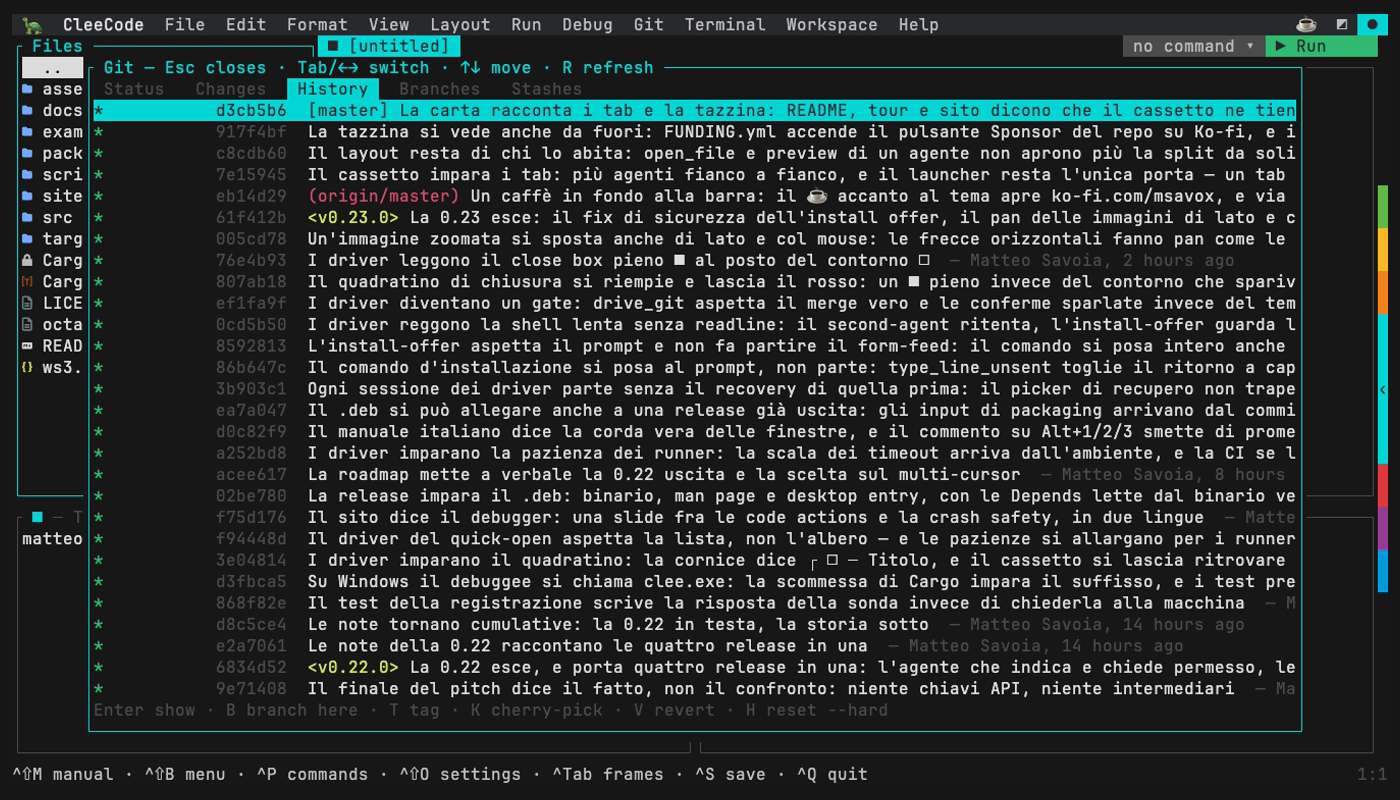 The git panel open on its History tab inside CleeCode: the commit graph of this very repository, tags and branch heads coloured, the panel's keys written along its bottom edge