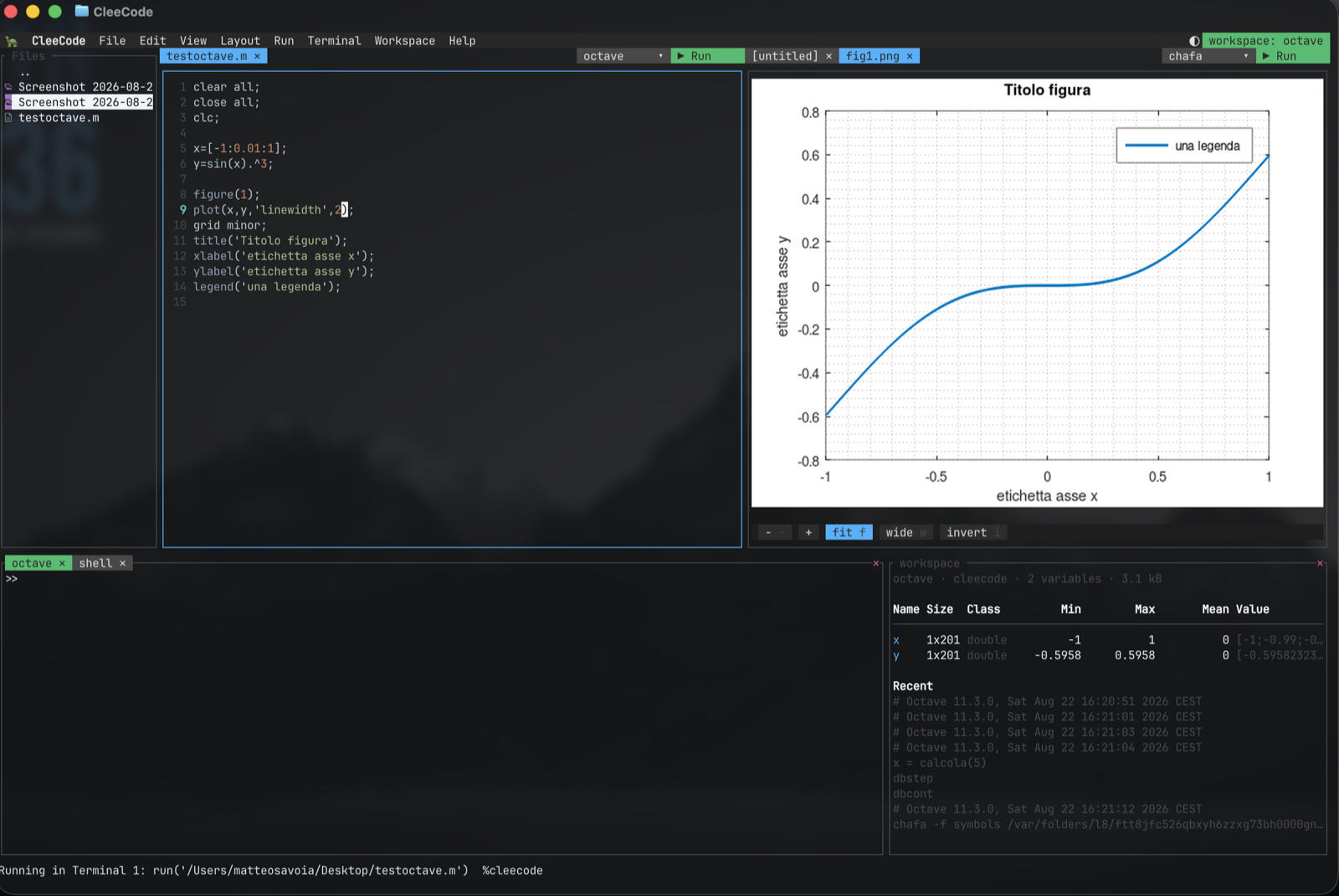 The Octave workspace: the script on the left, a figure as a tab, the prompt below and the variables panel beside