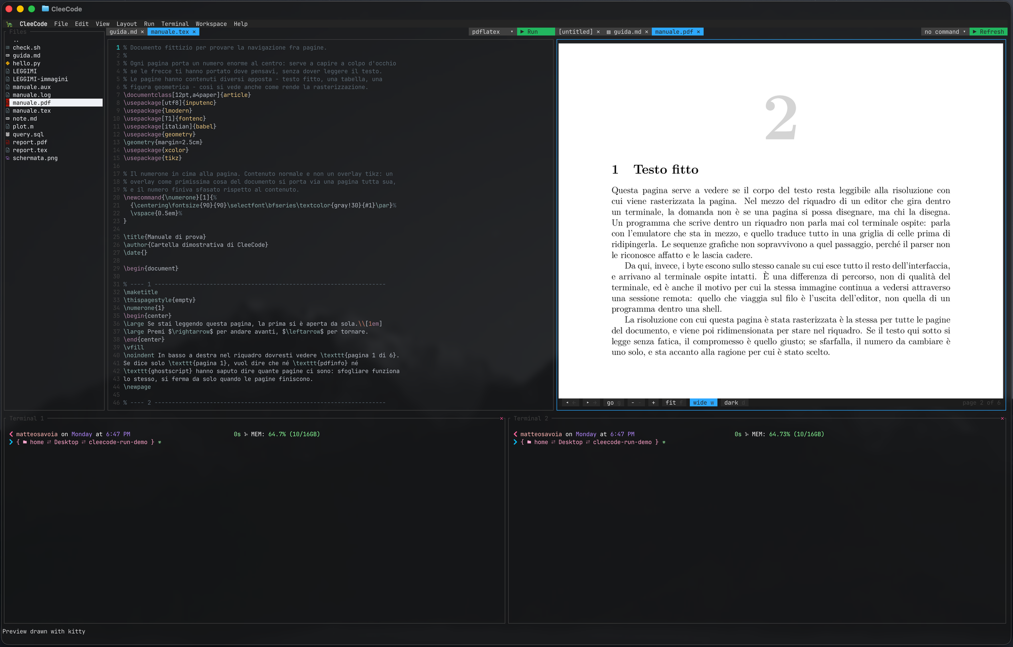 A LaTeX source on the left and its typeset PDF page on the right, inside CleeCode