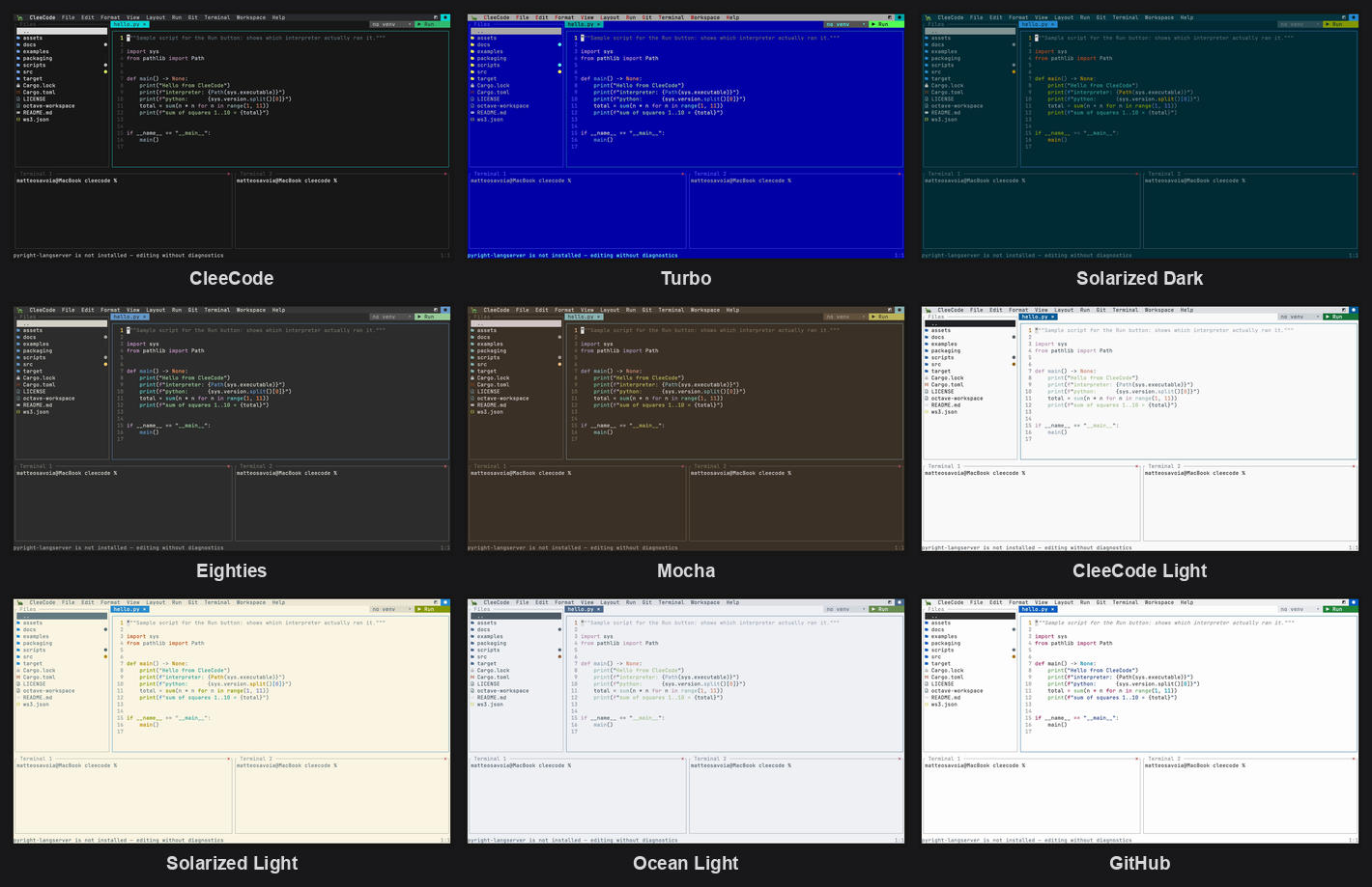 The nine themes: CleeCode, Turbo, Solarized Dark, Eighties, Mocha, CleeCode Light, Solarized Light, Ocean Light and GitHub